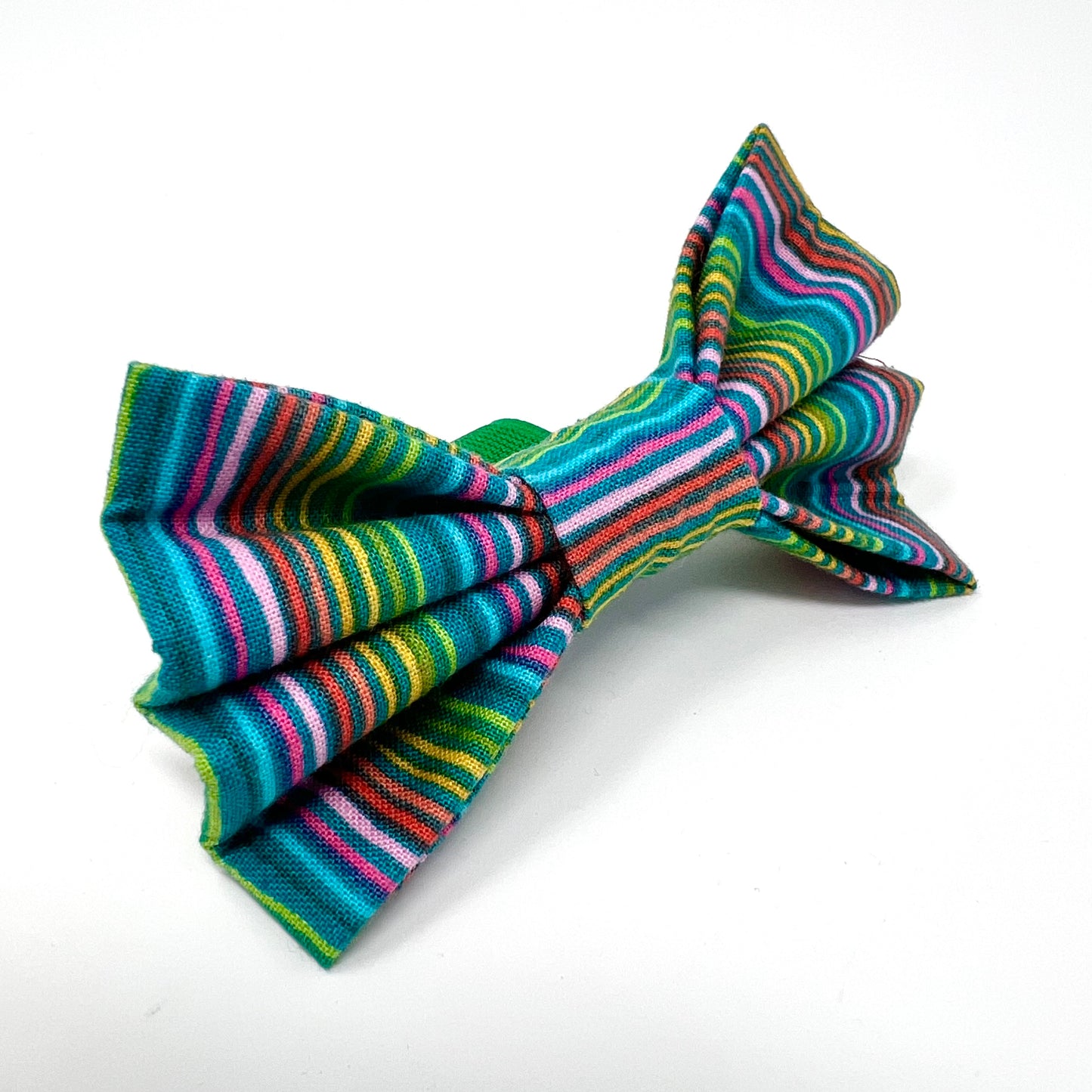 Quality cotton multicoloured striped bow tie made up of pink, yellow, blue, orange, green