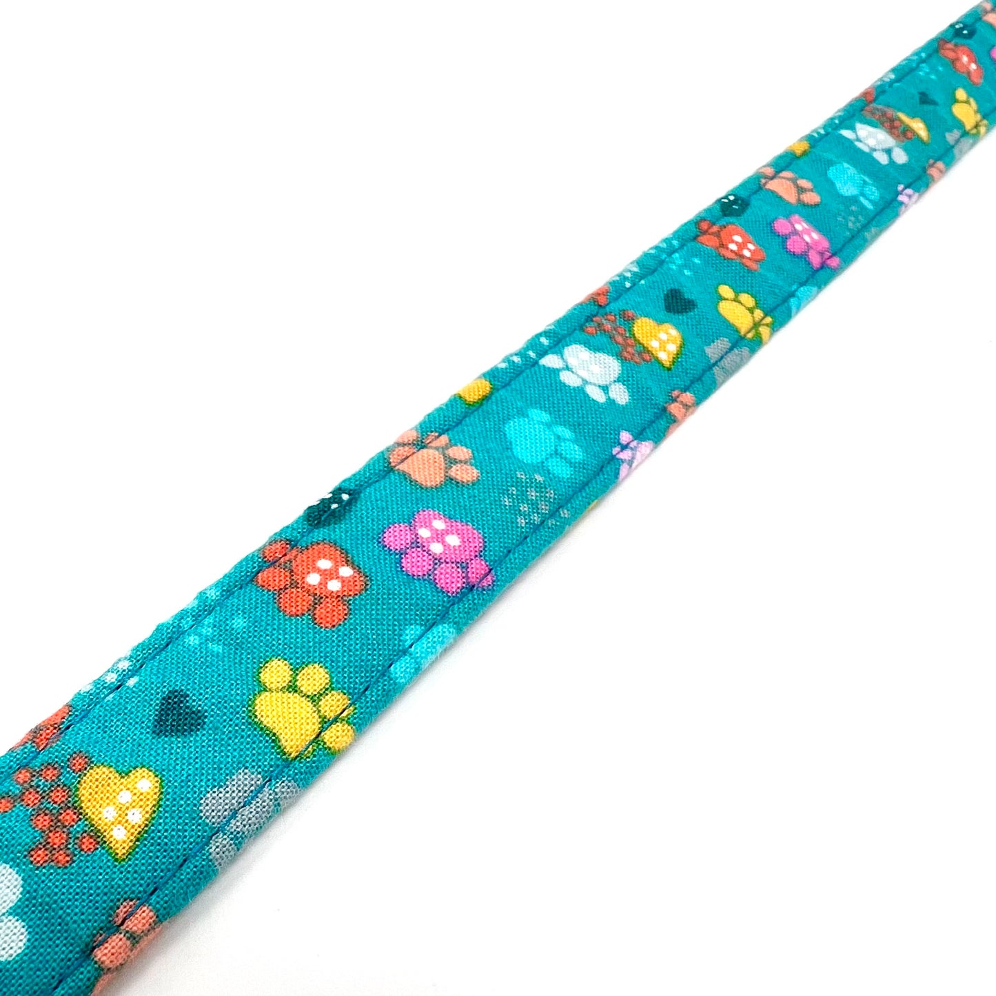 Dog lead with colourful paw patterns on a turquoise background
