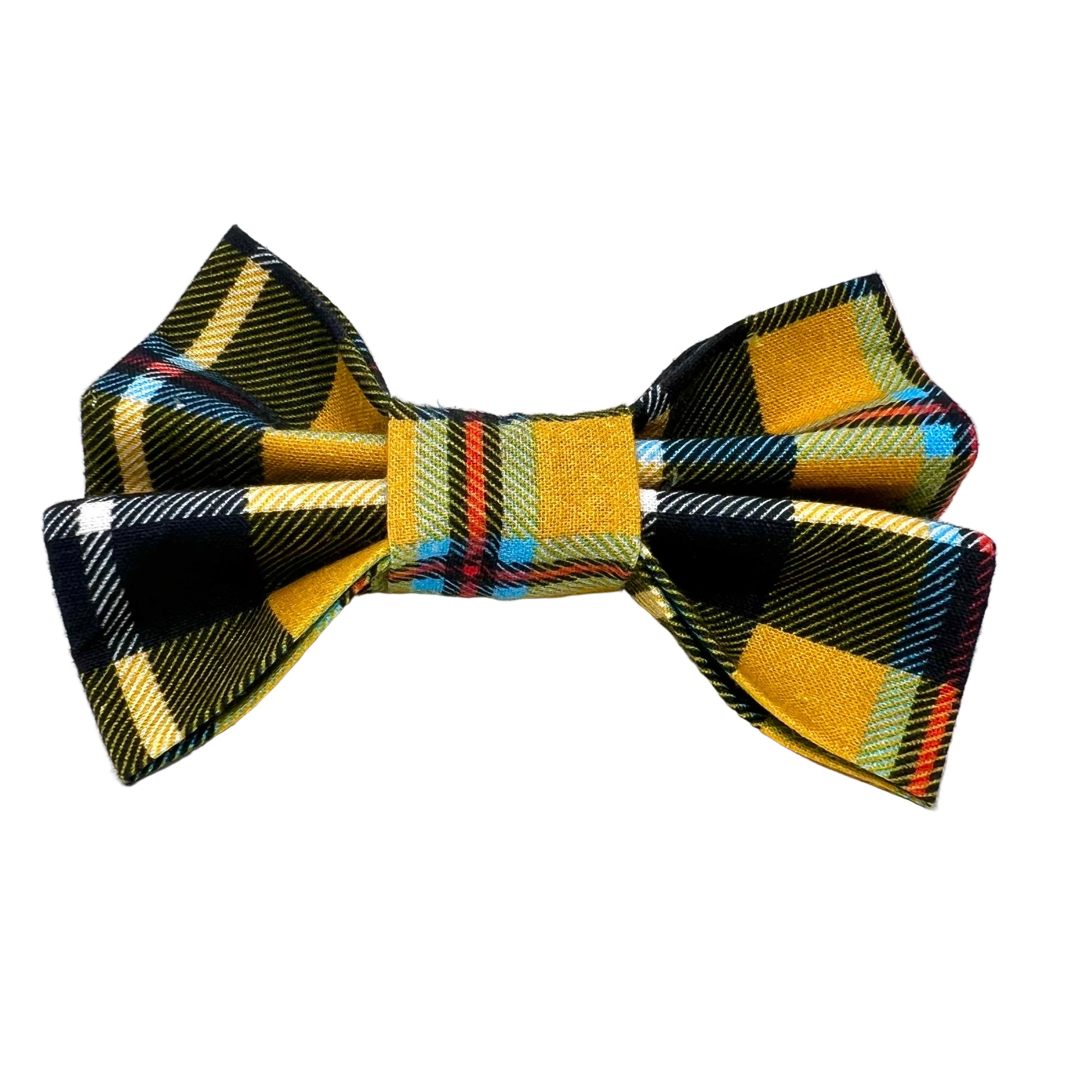Plaid bow tie with yellow, orange, black, and blue pattern. Traditional Cornish tartan.