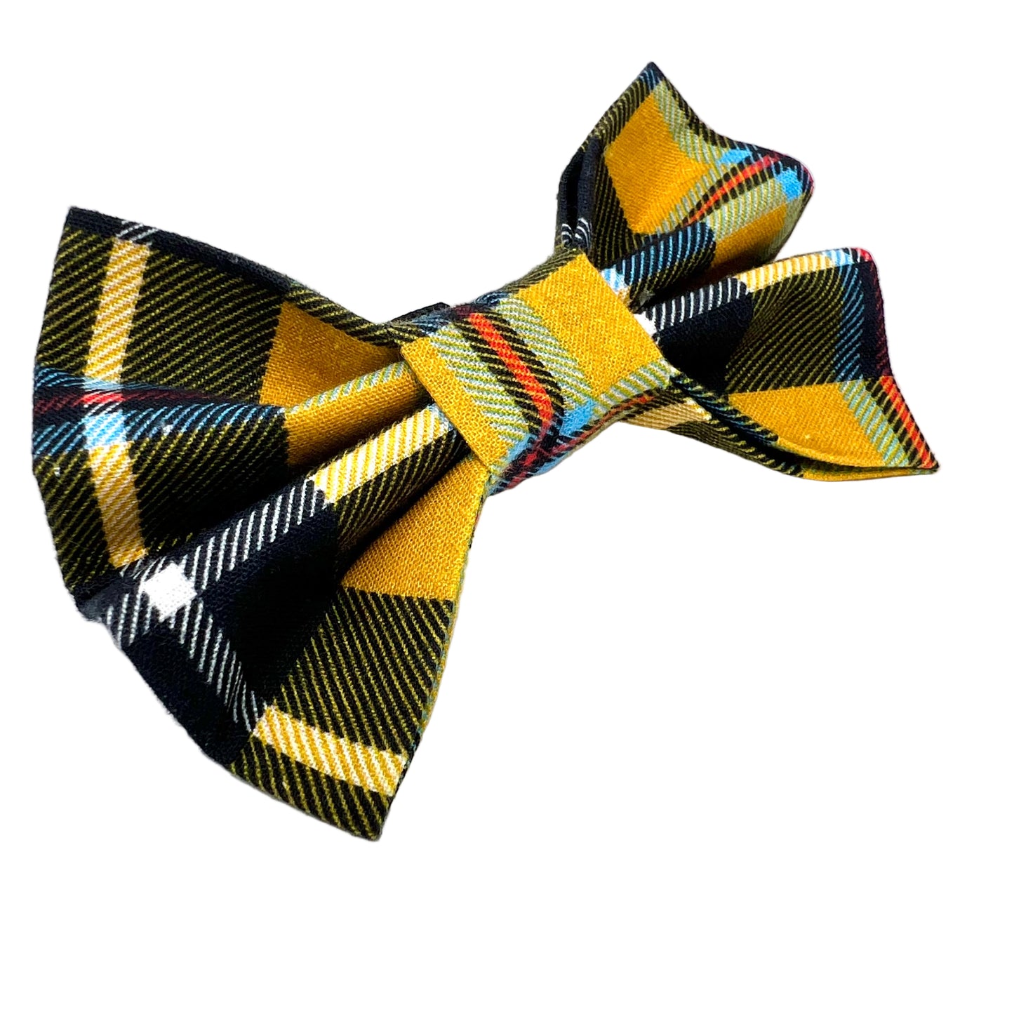 Plaid bow tie with yellow, orange, black, and blue pattern. Traditional Cornish tartan.