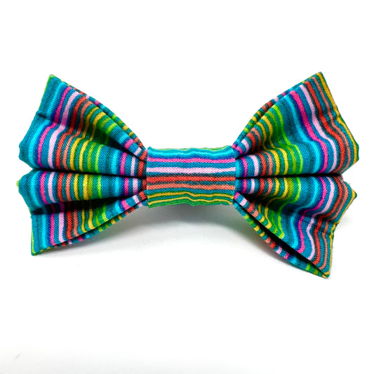 Quality cotton multicoloured striped bow tie made up of pink, yellow, blue, orange, green
