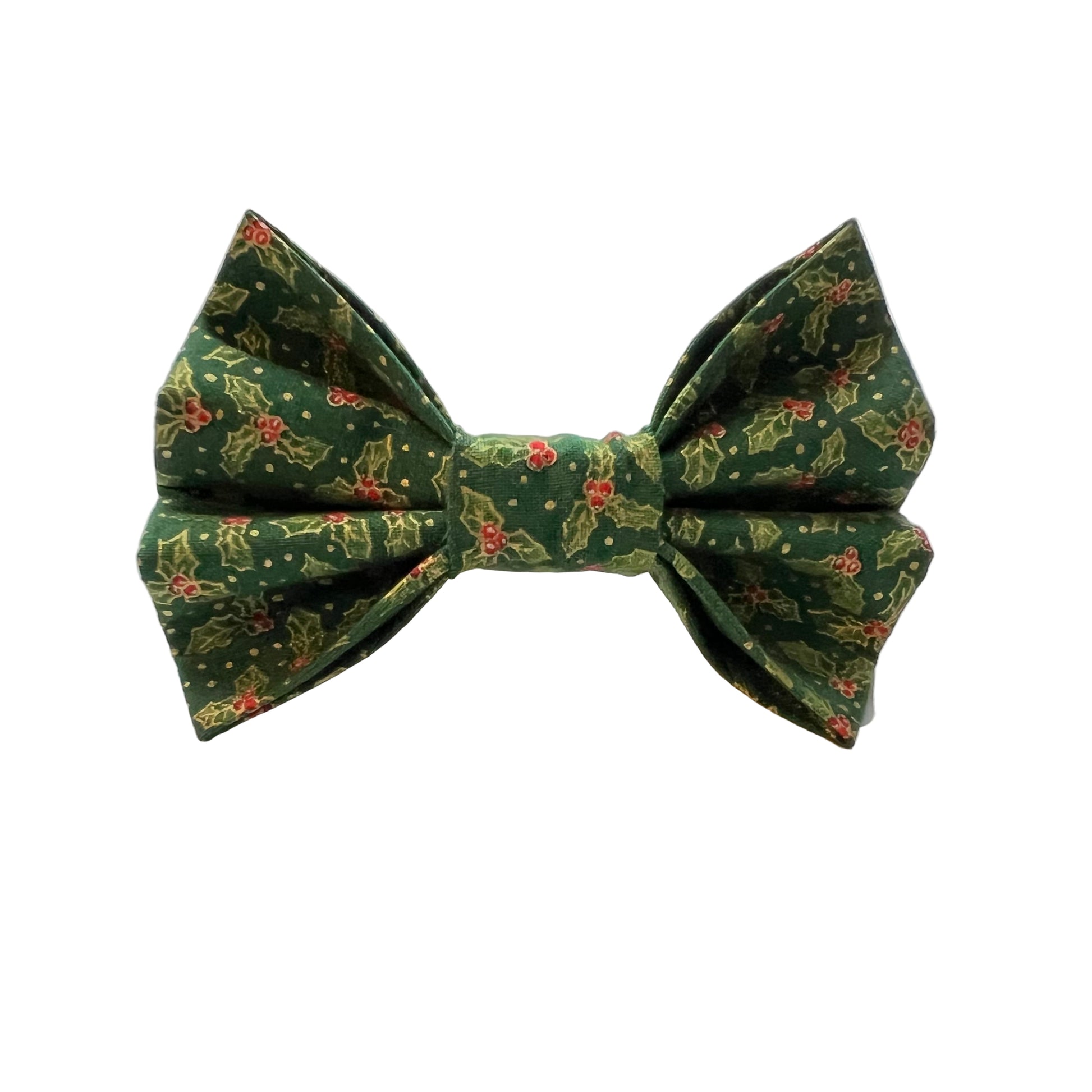 Green bow tie with green holly and red berries pattern 
