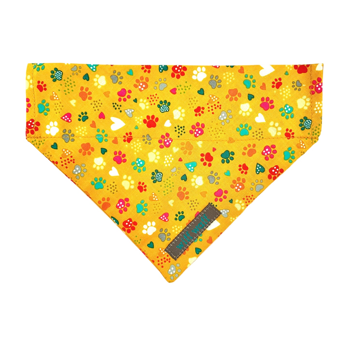 Yellow bandana with colourful paw prints and hearts
