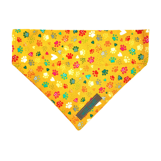 Yellow bandana with colourful paw prints and hearts