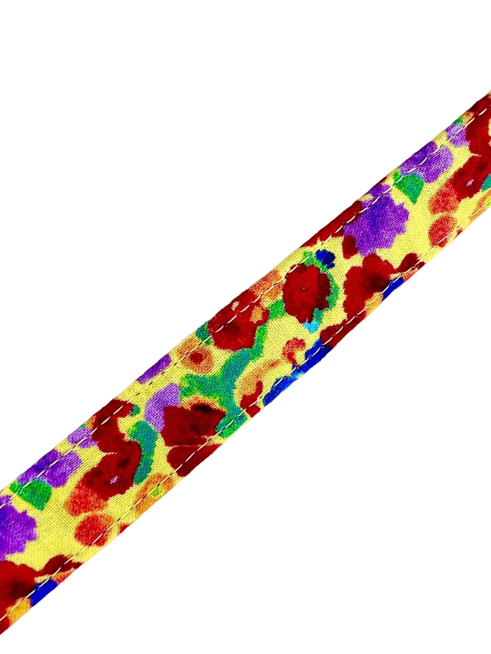 Colourful dog collar set against a light yellow background adorned with irregular, abstract blotches in red, blue, green, purple, and occasional orange. 