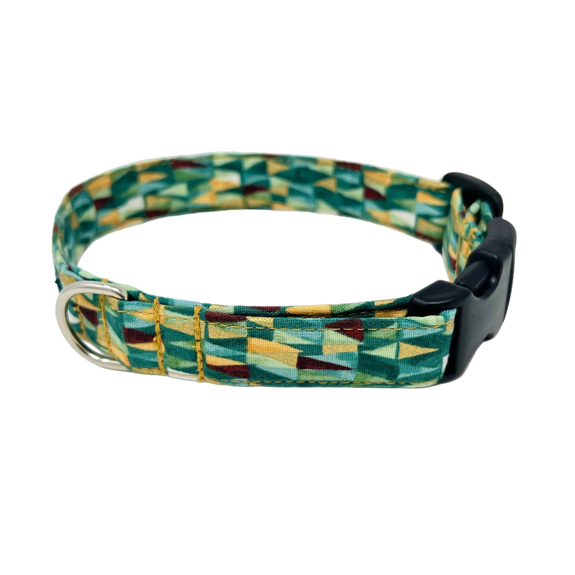 Dog collar with geometric triangular shapes in shades of green with gold metallic highlights.