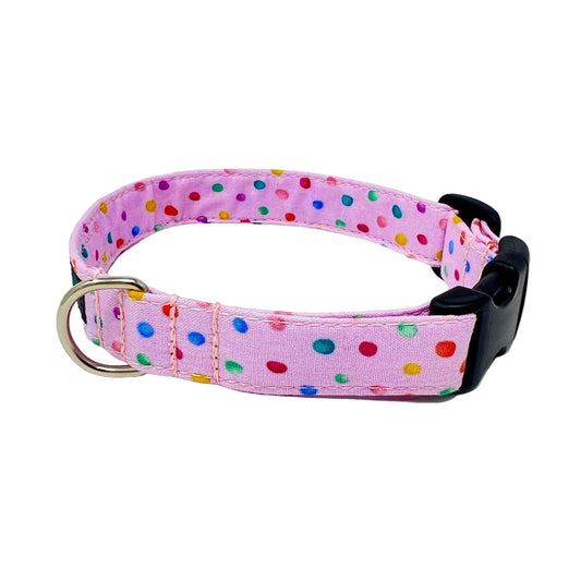 dog collar with a pink back ground with tiny colourful rainbow bubbles scattered across it