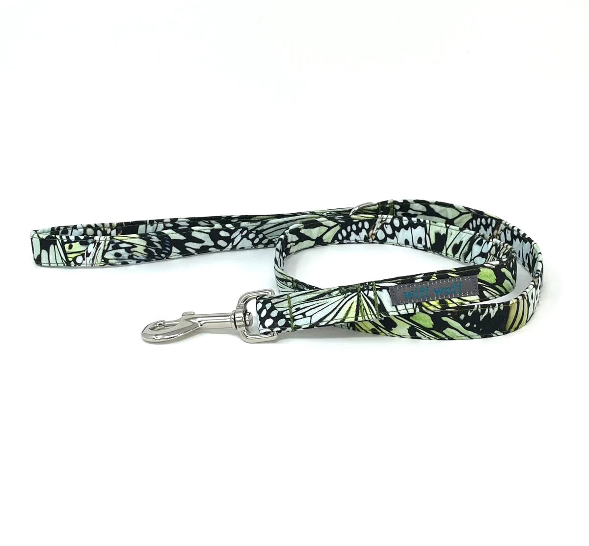 Green butterfly print fabric dog lead handcrafted by wiff waff designs