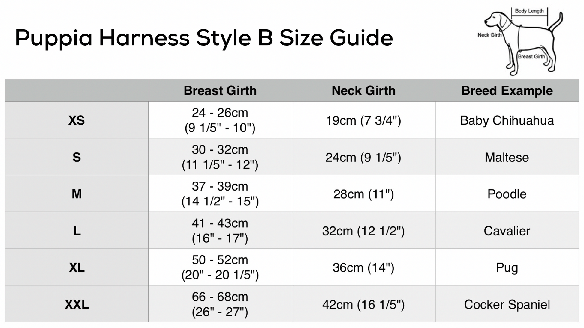 Puppia harness online size guide