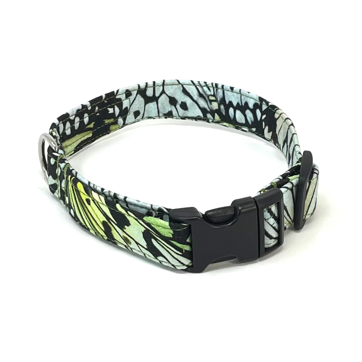 Handcrafted fabric dog collar by wiff waff designs with shiny chrome d ring and black triglide and clip. Green and black butterfly print.