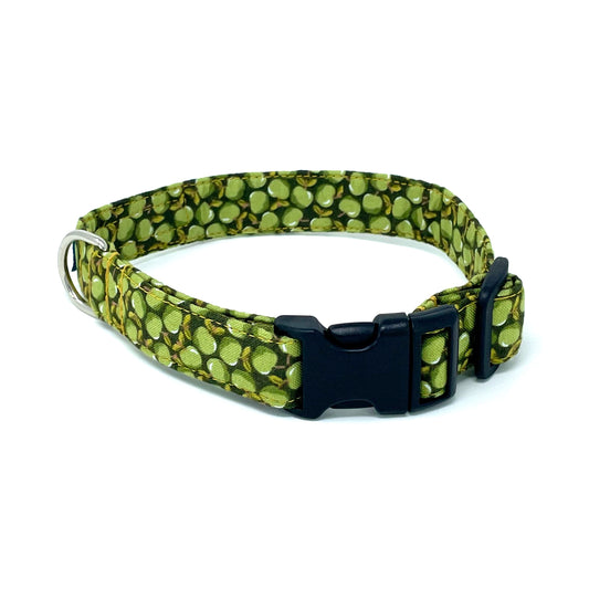 Green apple print dog collar handcrafted by wiff waff designs in nottingham